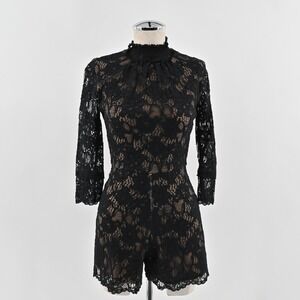 ALEXIS Womens Jing Black Lace Pattern Romper Size XS Mock Neck 3/4 Sleeve Chic